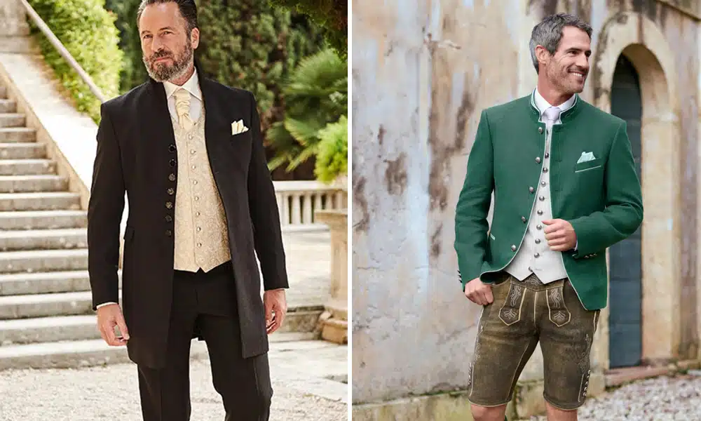 Links: Trachtengehrock Hochzeitsanzug Bräutigam - Rechts: Bräutigam in Lederhose, weißer Weste und grünem Sakko